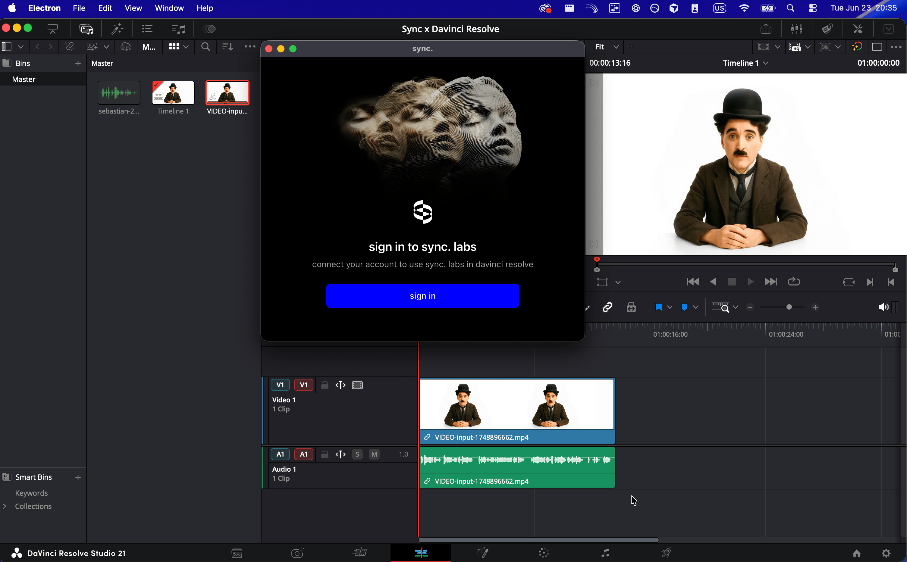 Sync Labs plugin panel in DaVinci Resolve with sign-in