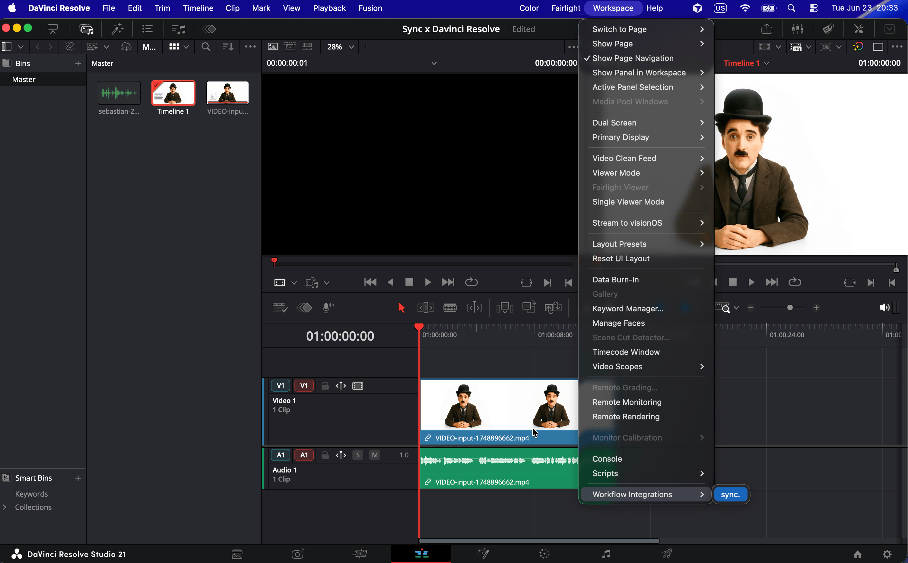 Workspace > Workflow Integrations > sync. menu in DaVinci Resolve